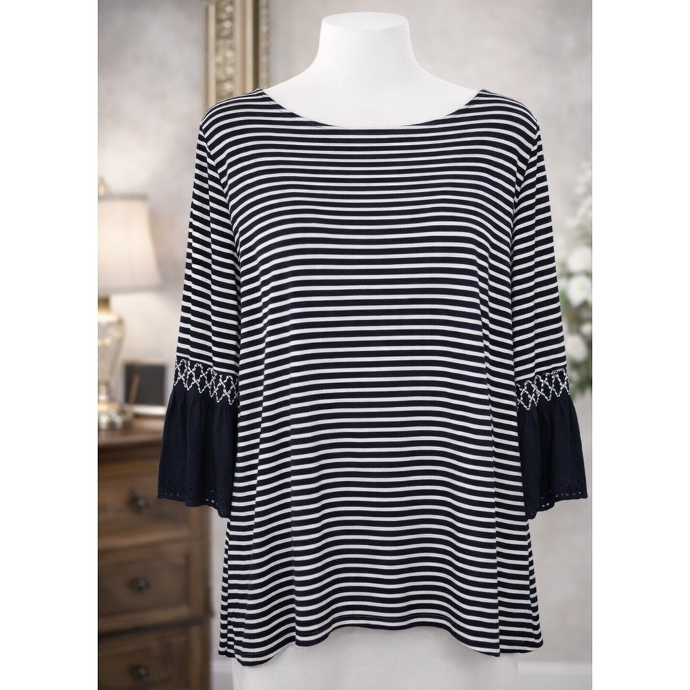 J. Jill Knit Popover Tunic Top Black White Striped Eyelet‎ Bell Sleeves XLP
